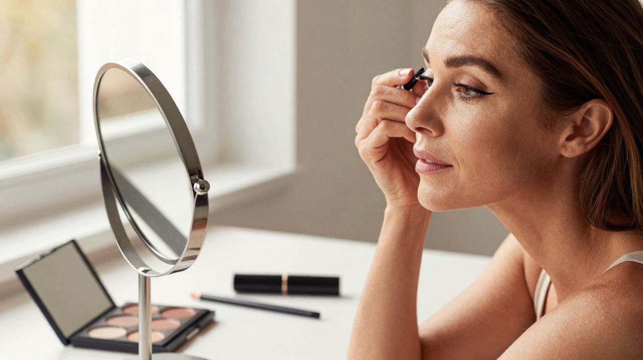 Mulher aplicando máscara de cílios olhando para espelho em mesa com maquiagem perto da janela.