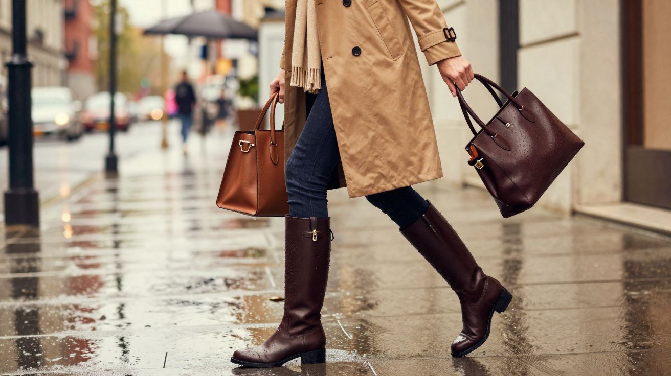 Pessoa caminhando na rua molhada após chuva, com botas marrons, casaco bege e duas bolsas de mão.