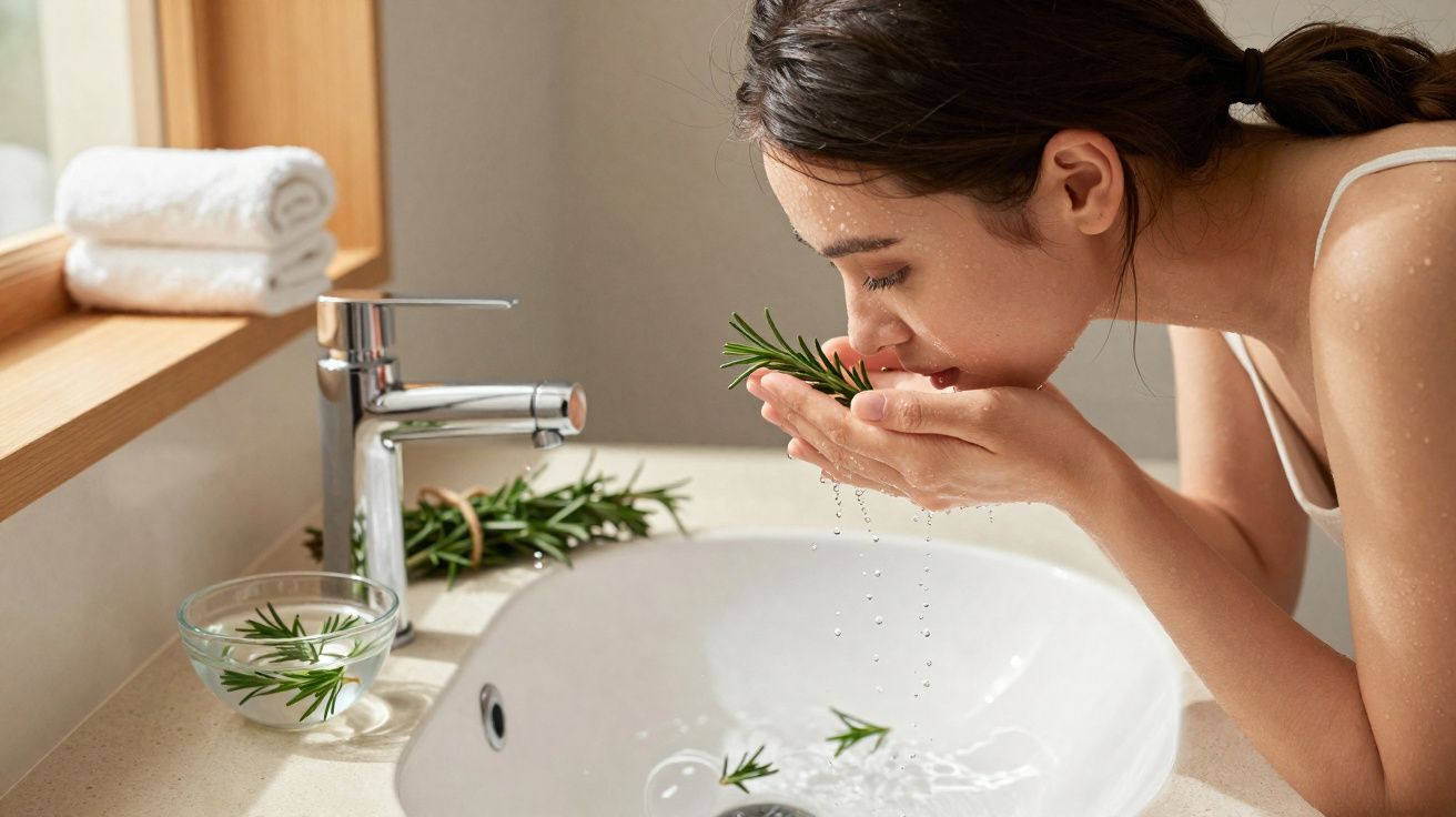 Mulher lavando o rosto com água e folhas de alecrim em uma pia moderna, duas toalhas ao fundo.