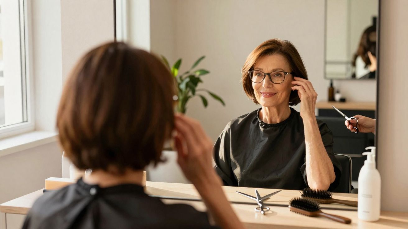 Mulher sorrindo e ajeitando óculos durante corte de cabelo em salão de beleza.