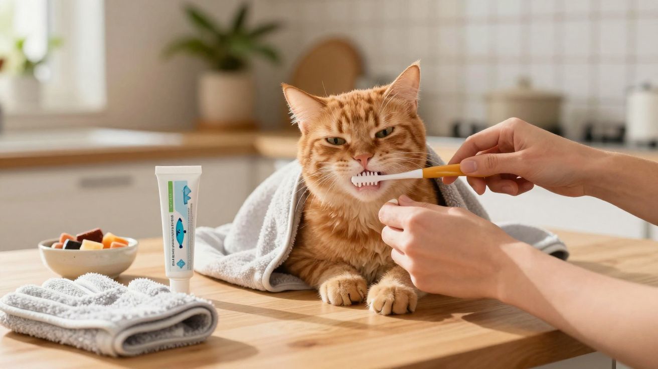Gato laranja sendo escovado nos dentes por uma pessoa, coberto por uma toalha em uma mesa de madeira.
