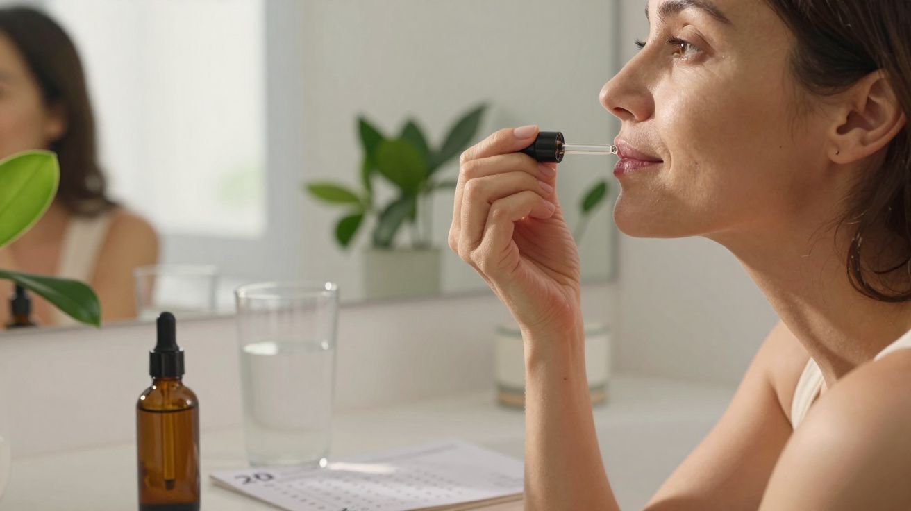 Mulher aplicando sérum facial com conta-gotas em ambiente iluminado e plantas ao fundo.