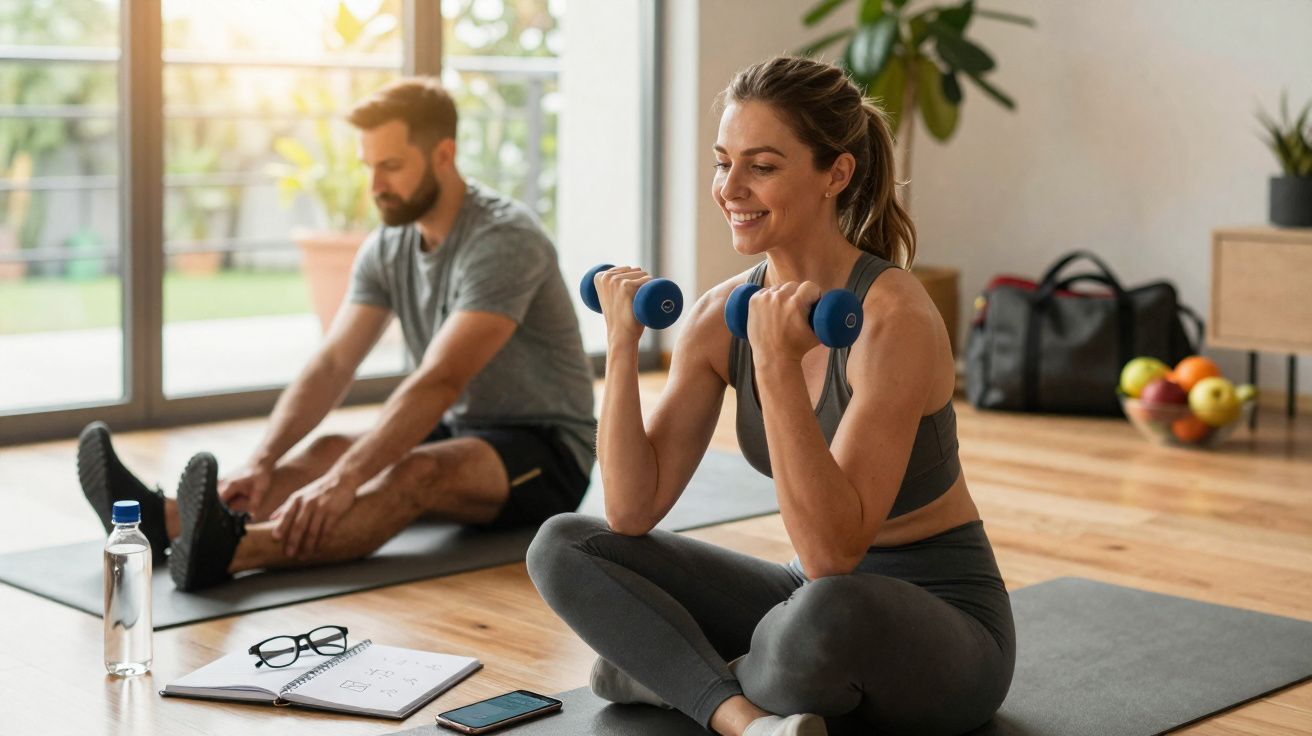 Mulher exercita com halteres e homem faz alongamento em tapetes de yoga dentro de casa.