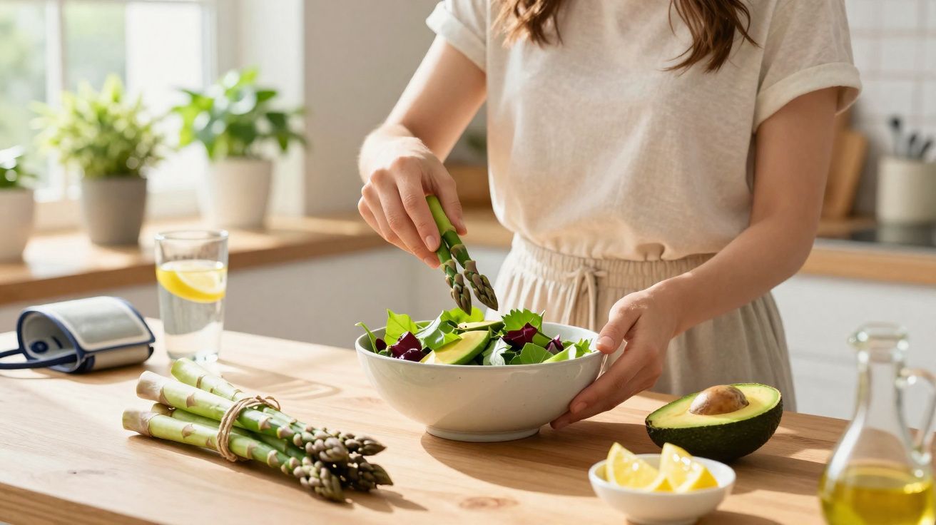 Pessoa preparando salada com aspargos e abacate em cozinha iluminada, próximo a janela.