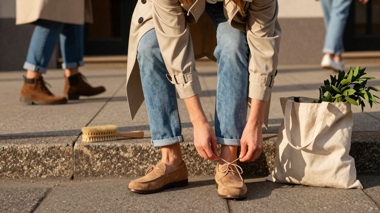 Pessoa amarrando o cadarço do sapato, com calça jeans e casaco bege, ao lado de bolsa de pano com plantas.