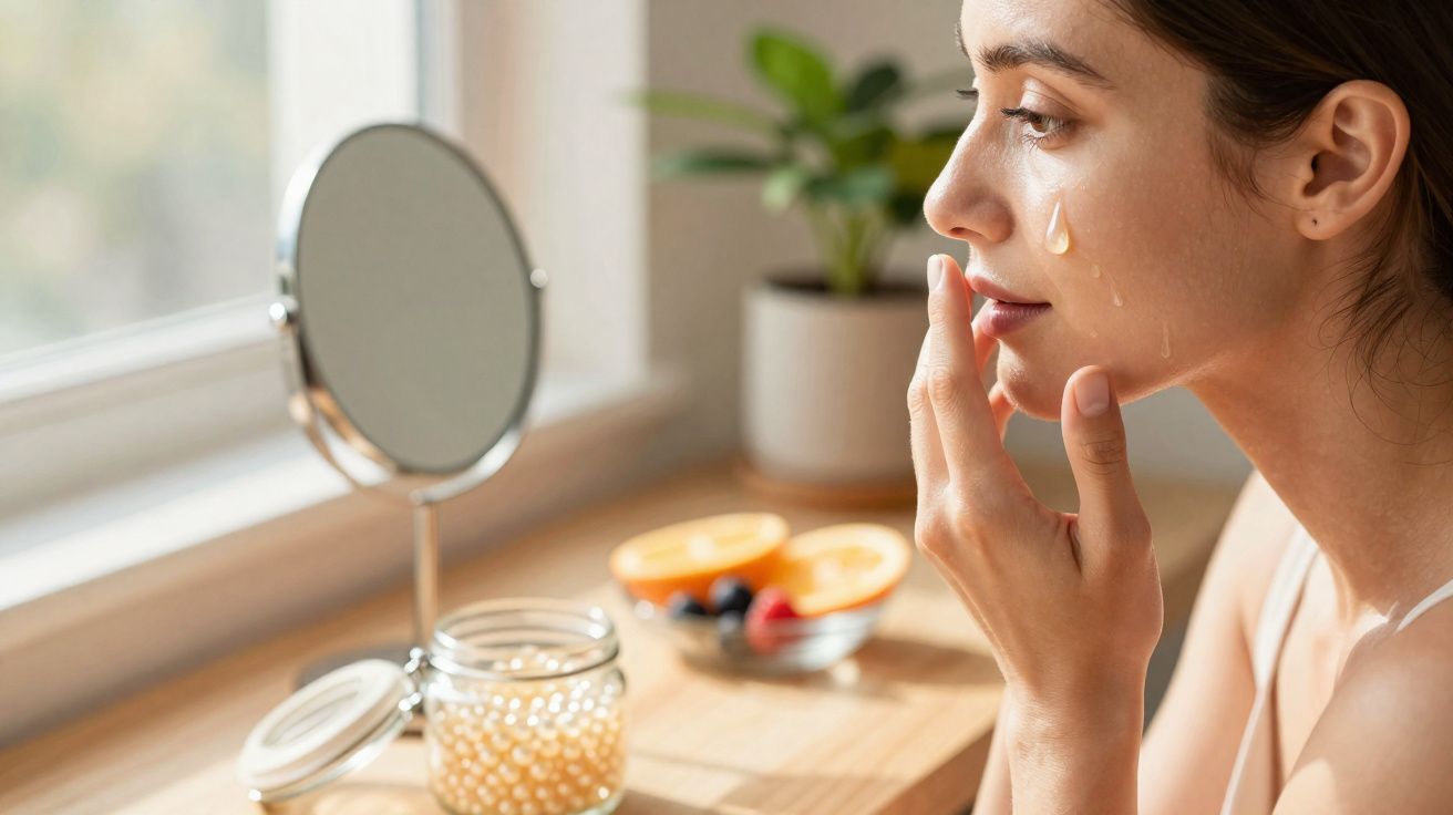 Mulher aplicando creme facial perto de espelho e frutas em ambiente iluminado.