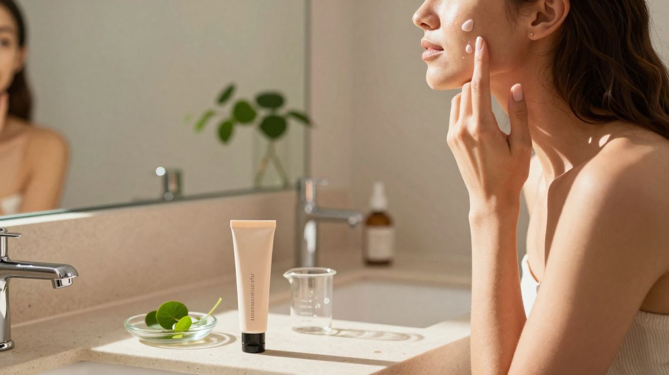 Mulher aplicando creme no rosto em banheiro iluminado, com produtos sobre a pia.