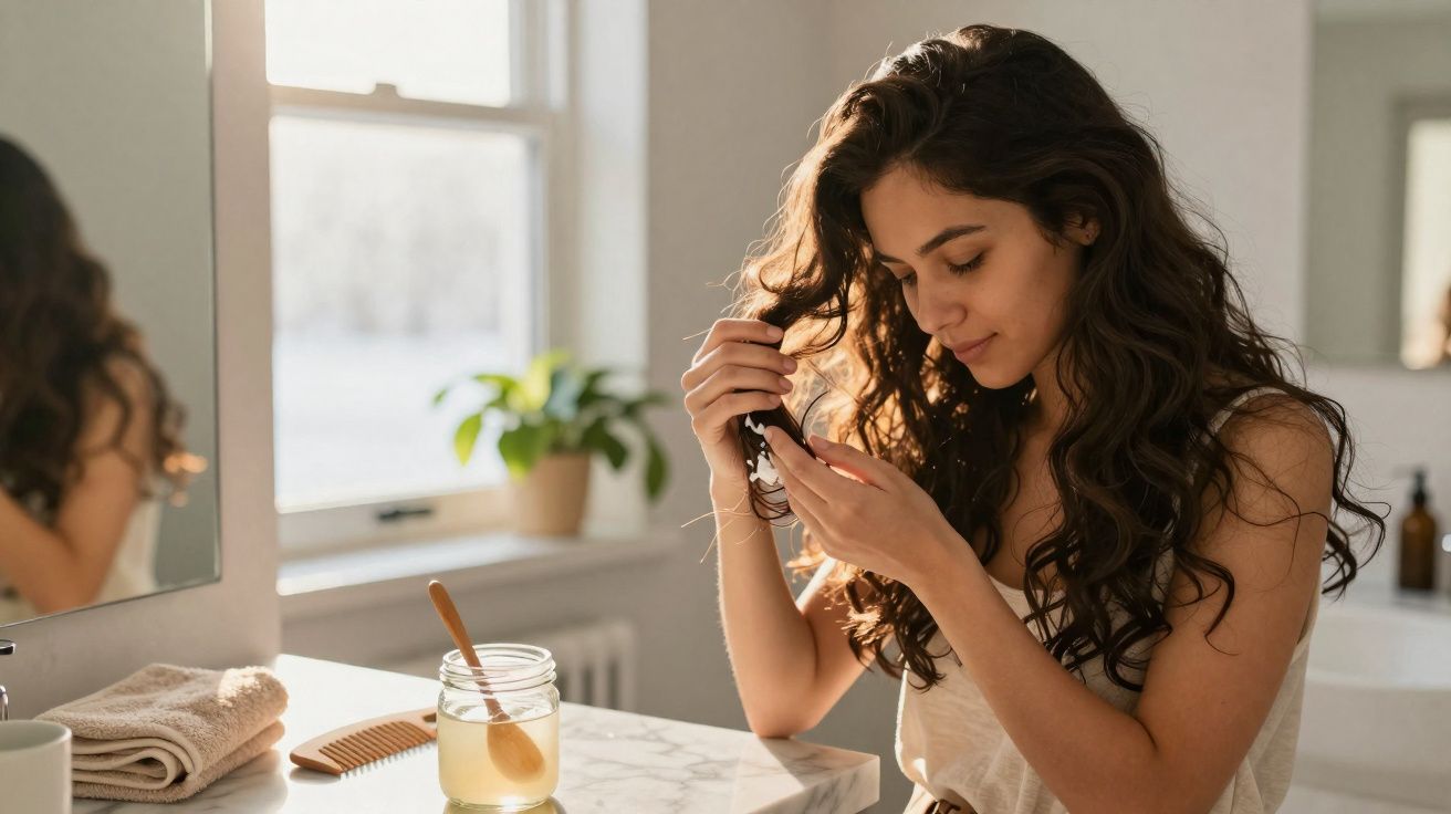 Jovem mulher desembaraçando o cabelo ao lado da pia com jarra de óleo e toalha dobrada.