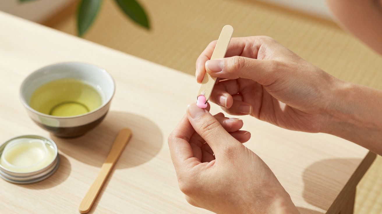 Mãos aplicando esmalte rosa com espátula, com creme e tigela com líquido sobre mesa clara.