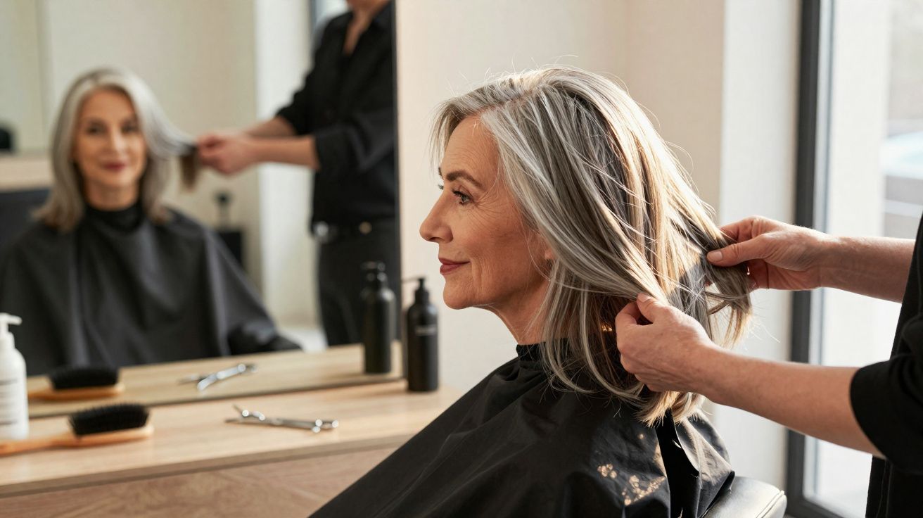 Mulher madura com cabelo grisalho sendo penteada por cabeleireiro em salão moderno com espelho.