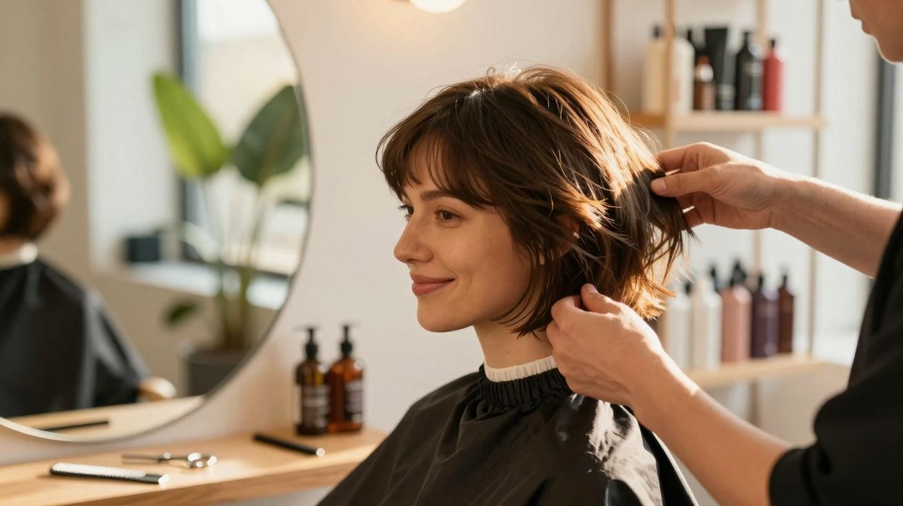 Mulher sorrindo enquanto cabeleireiro arruma seu cabelo curto em salão moderno e iluminado.