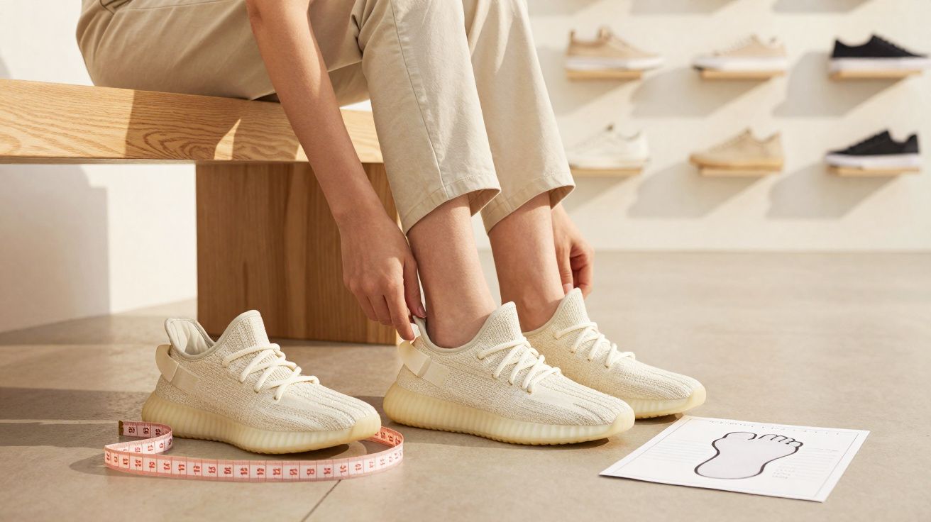 Pessoa experimentando tênis bege sentado em banco de madeira em loja com fita métrica e molde de pé no chão.