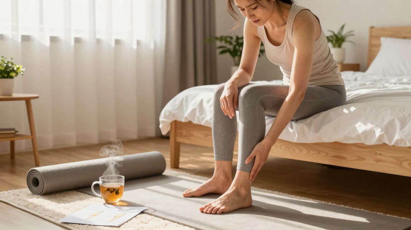 Mulher sentada na cama massageando o tornozelo com tapete de yoga, chá quente e revista ao lado.