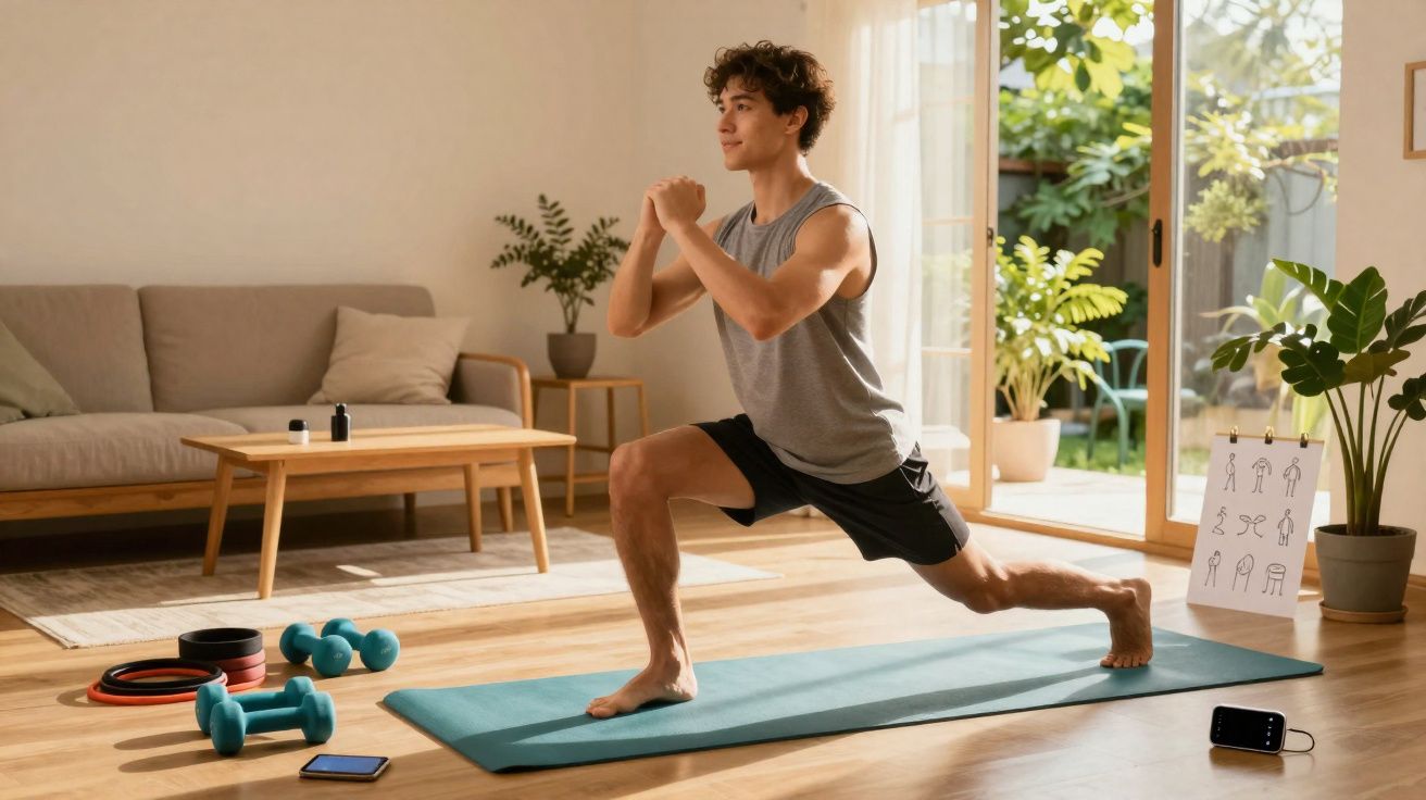 Jovem fazendo exercício de alongamento em tapete na sala de casa, rodeado por equipamentos de ginástica.