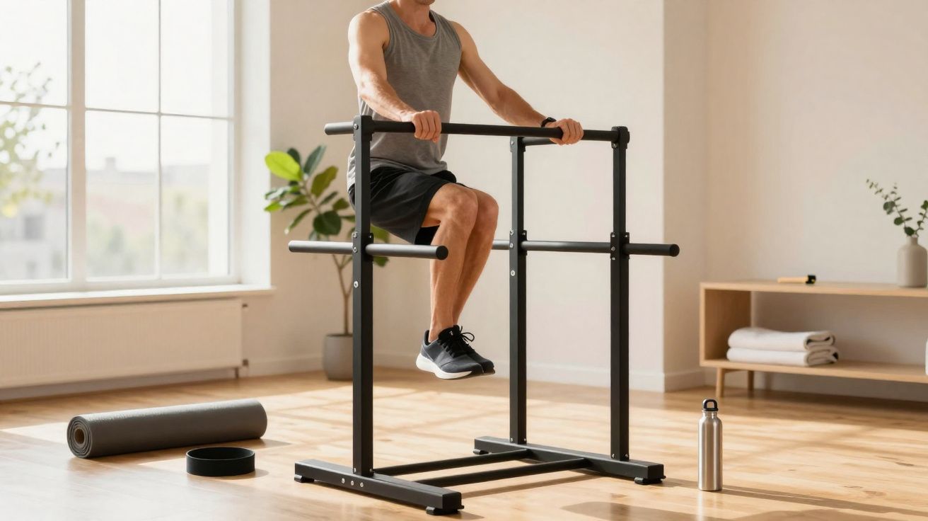 Homem fazendo exercício na barra paralela em sala clara com tapete, garrafa e planta ao fundo.