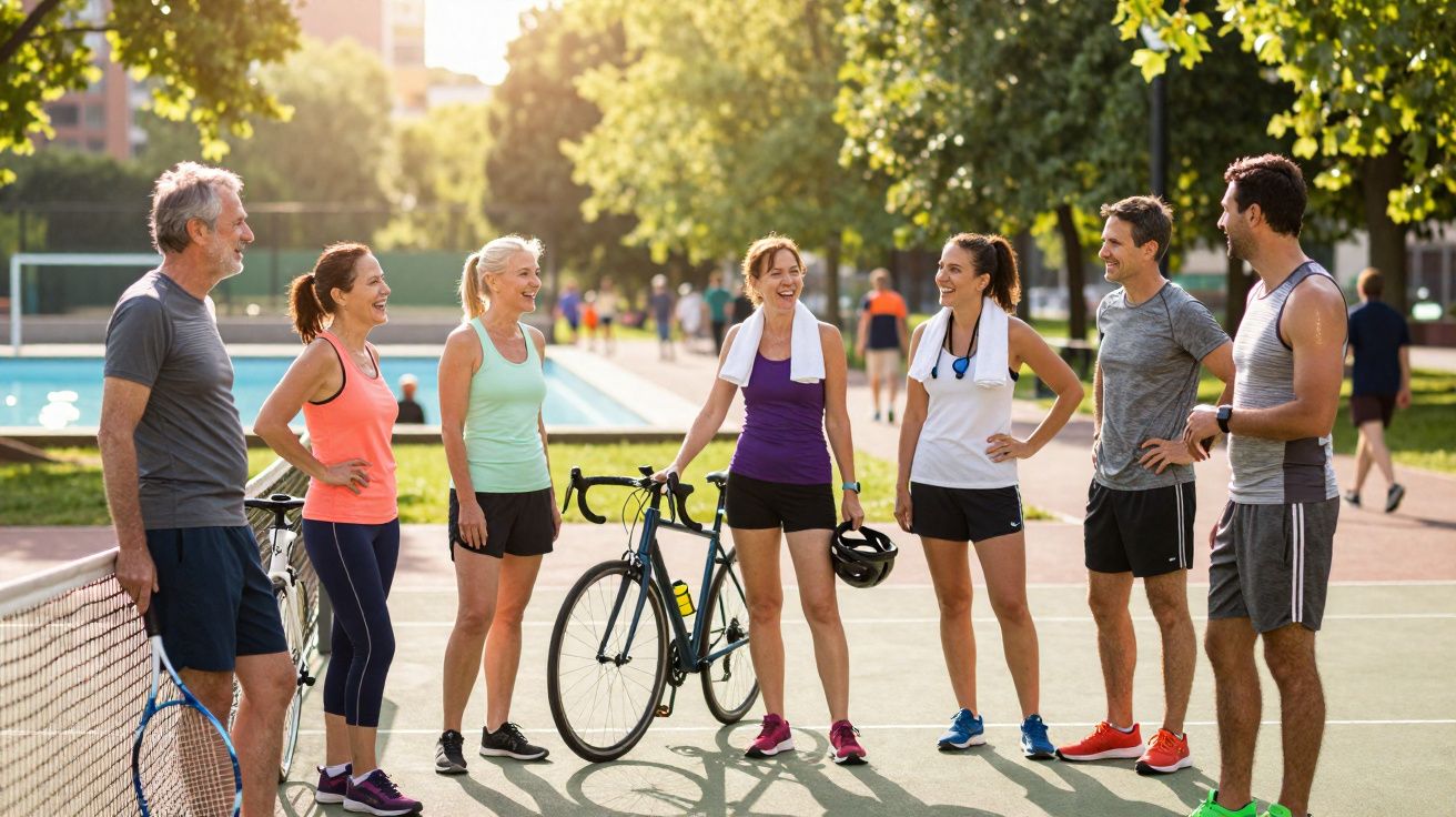 Grupo de adultos sorrindo e conversando ao ar livre em parque esportivo durante dia ensolarado.