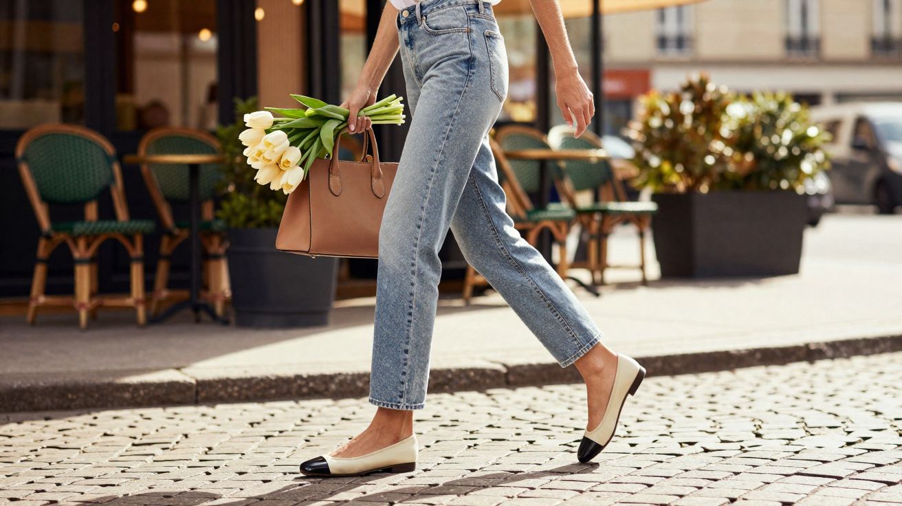 Pessoa caminhando na calçada com jeans, sapatilha bicolor e segurando bolsa com flores brancas.