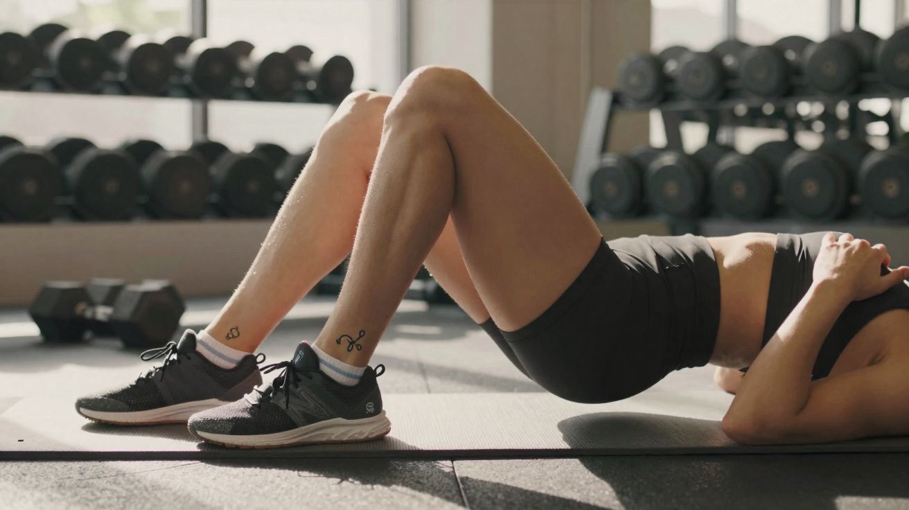 Pessoa deitada em tapete de treino fazendo exercício abdominal na academia com pesos ao fundo.