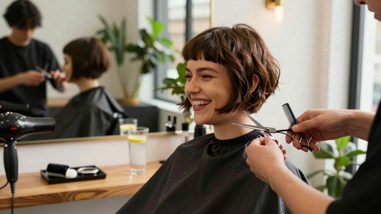 Mulher sorridente recebendo corte de cabelo curto em salão moderno com plantas e janela ao fundo.