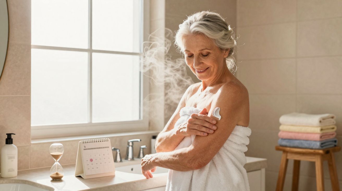 Mulher idosa com toalha no banheiro aplicando creme no braço, perto de janela e pia com acessórios.