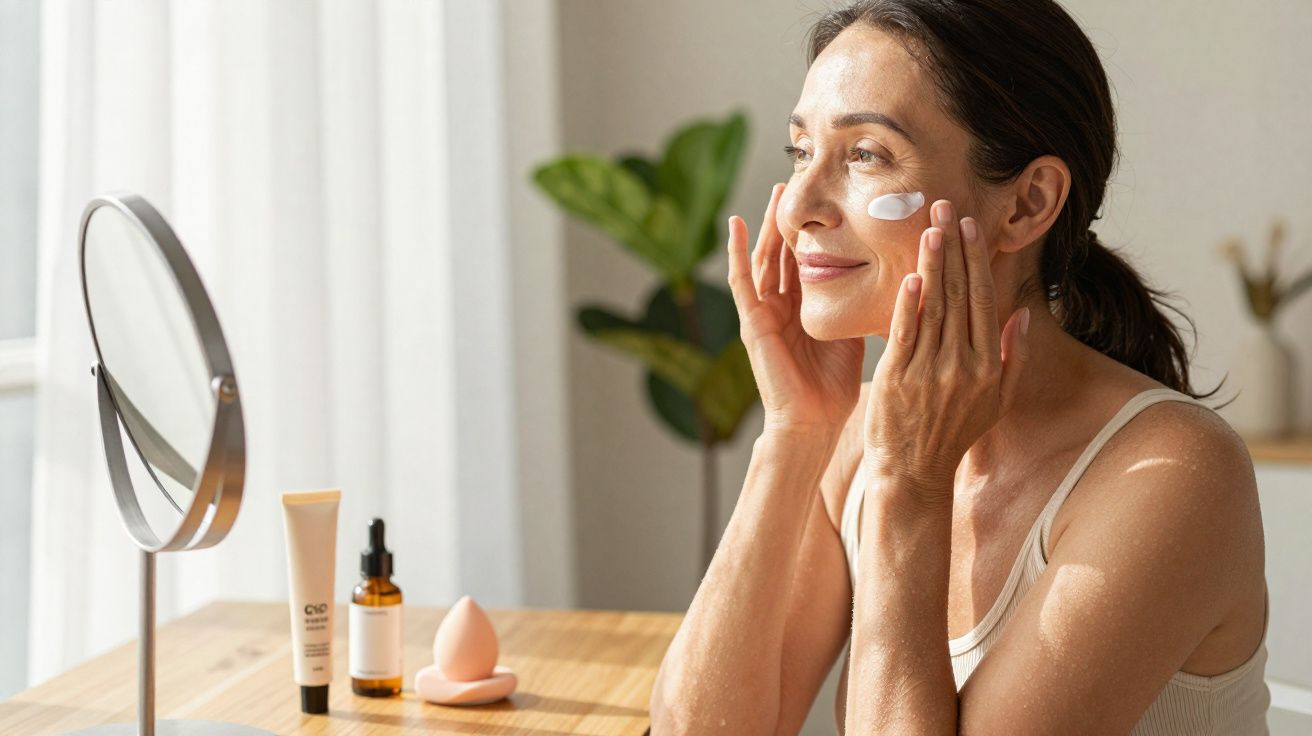 Mulher aplicando creme no rosto em ambiente claro, com produtos de skincare sobre a mesa.