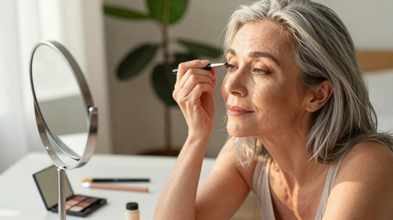 Mulher madura aplicando sombra nos olhos em frente a espelho em ambiente iluminado e tranquilo.