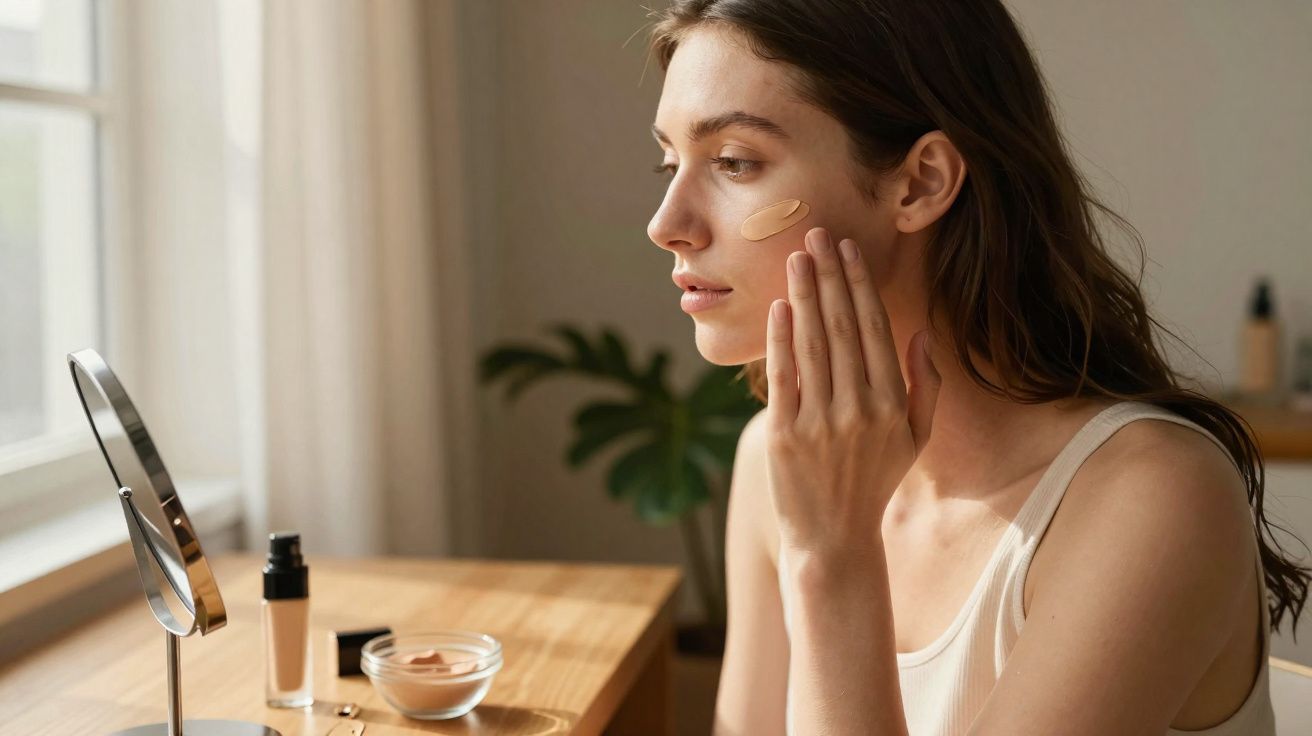 Mulher aplicando base no rosto sentada à mesa com espelho e produtos de maquiagem.
