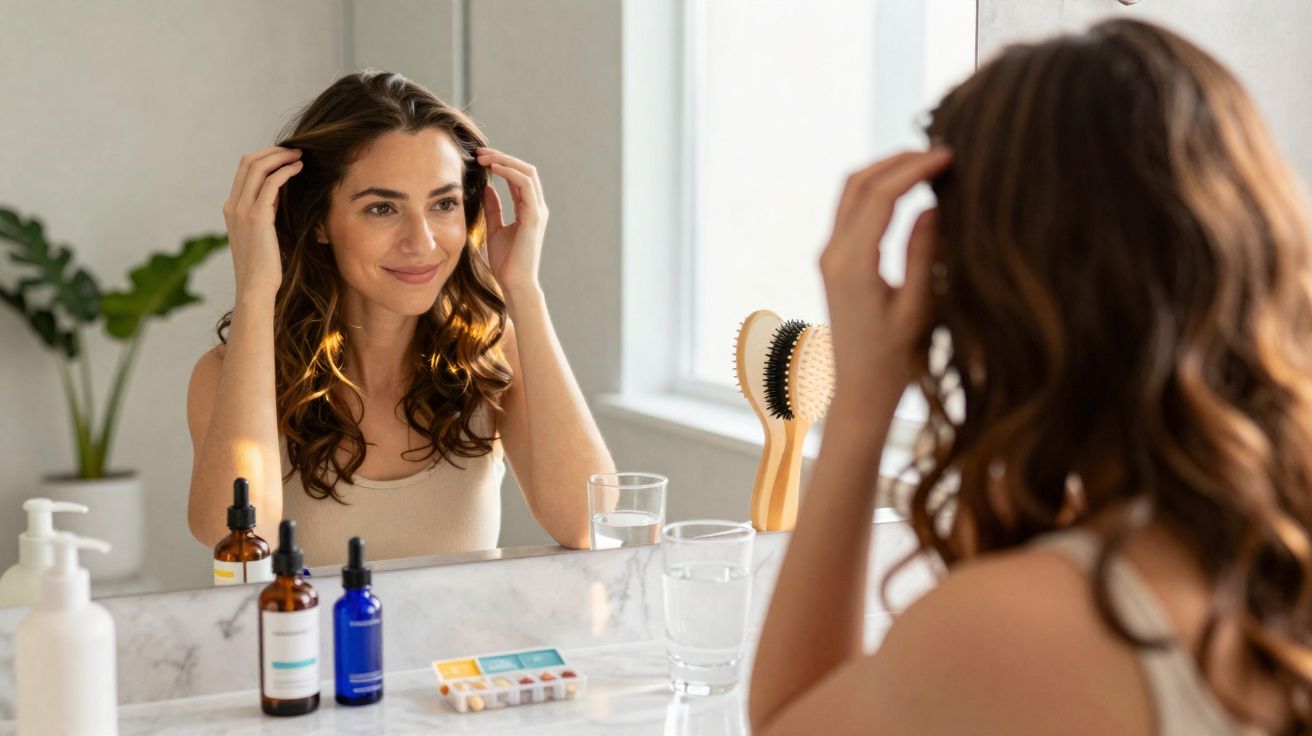 Mulher olhando no espelho e ajeitando o cabelo em banheiro com produtos de beleza no balcão.