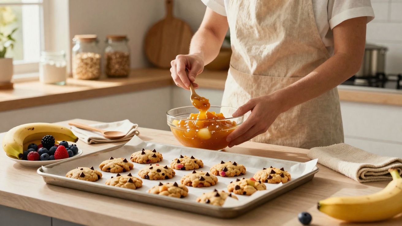 Pessoa preparando cookies com gotas de chocolate em forno doméstico, ao lado de frutas e tigela com massa.