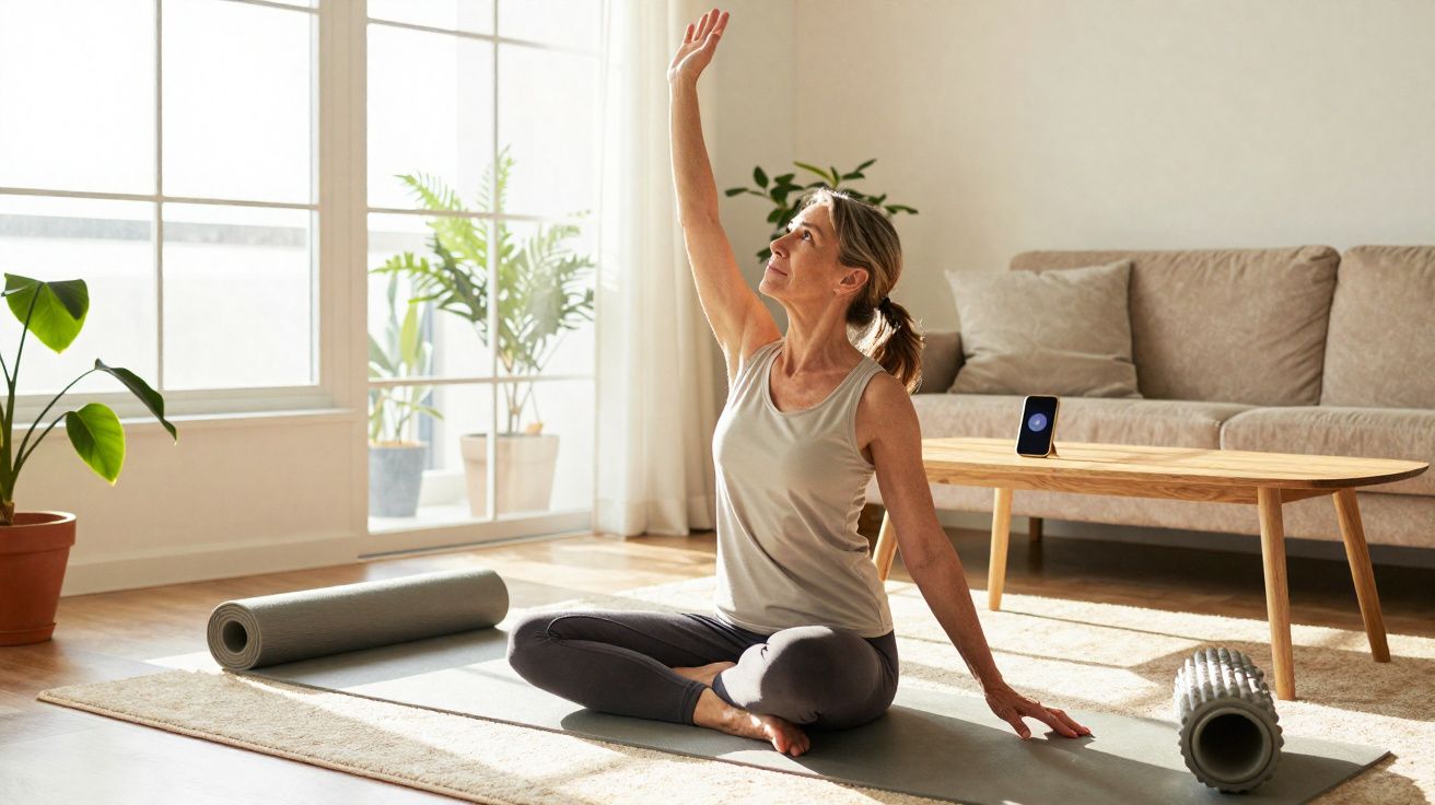 Mulher fazendo yoga sentada no tapete em sala iluminada com plantas e móveis ao fundo.