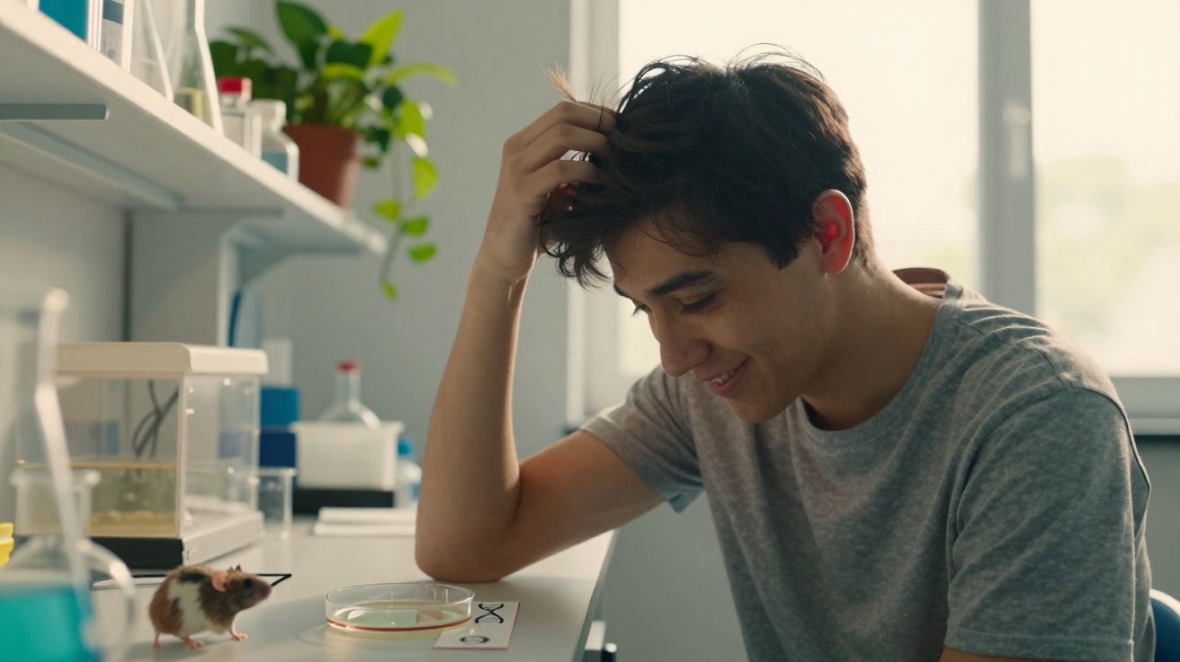 Jovem sorrindo enquanto observa rato próximo a placa em bancada de laboratório iluminado por janela.