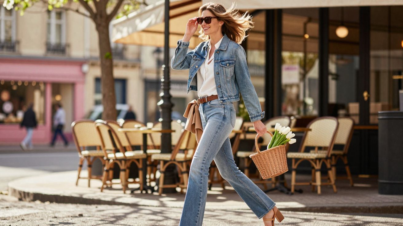 Mulher sorridente de óculos escuros e roupa jeans caminhando com cesta de flores na rua ensolarada.