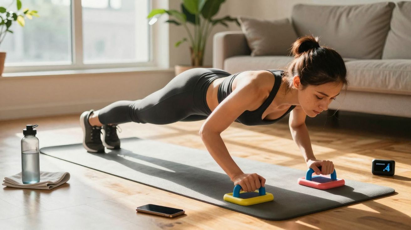 Mulher fazendo flexão com apoio de mãos coloridas em tapete de yoga em sala iluminada.