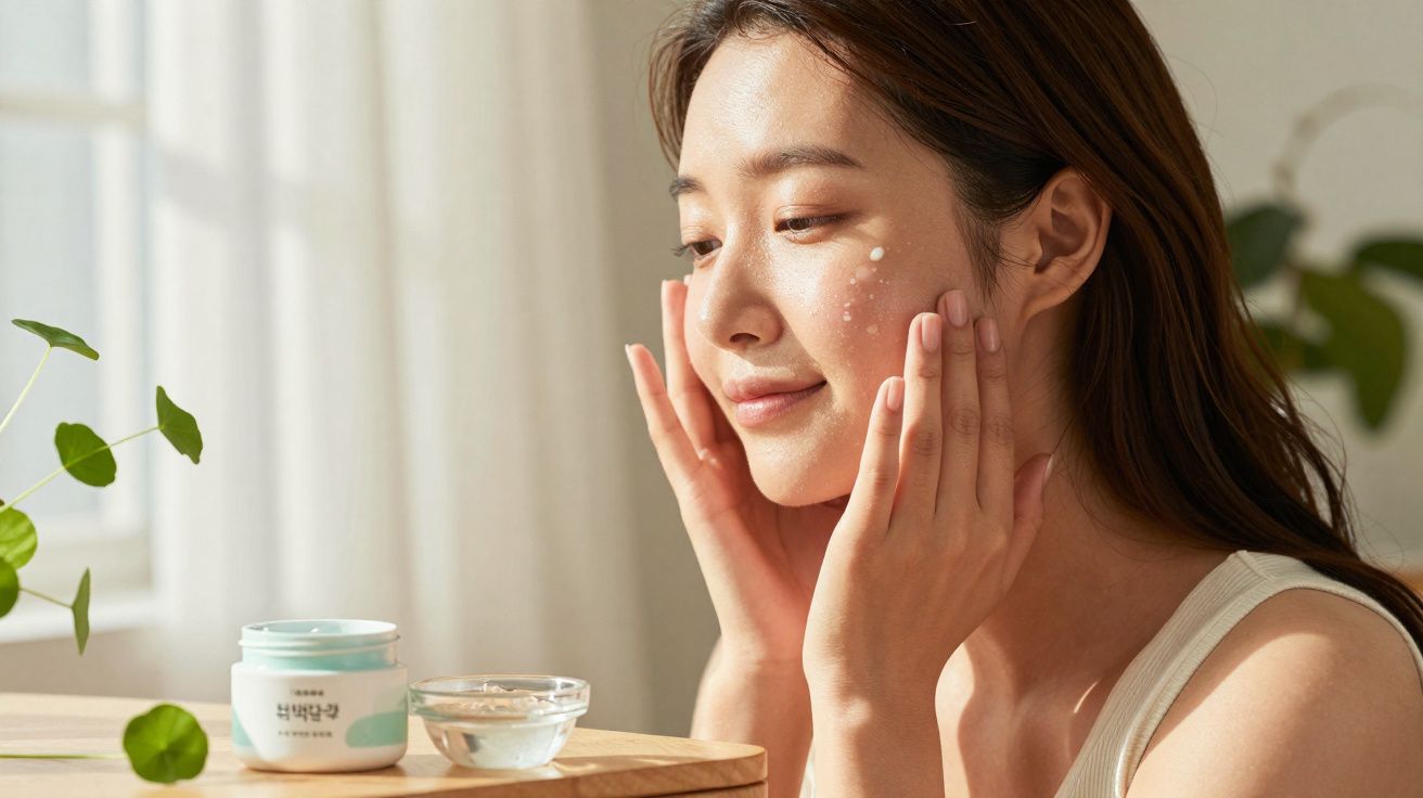 Mulher aplicando creme facial em ambiente iluminado, com plantas ao fundo e sorriso suave.
