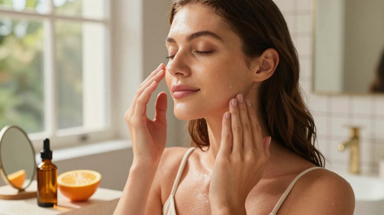 Mulher aplicando creme hidratante no rosto em banheiro iluminado por luz natural.