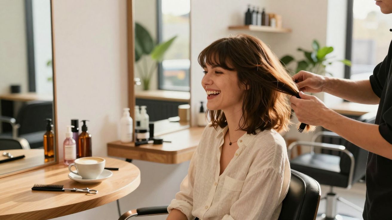 Mulher sorridente recebendo penteado em salão de beleza enquanto senta em cadeira diante do espelho.