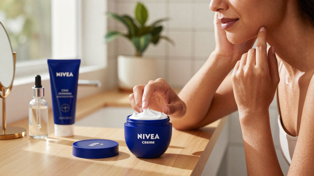 Mulher aplicando creme Nivea no rosto em bancada com espelho e plantas ao fundo.