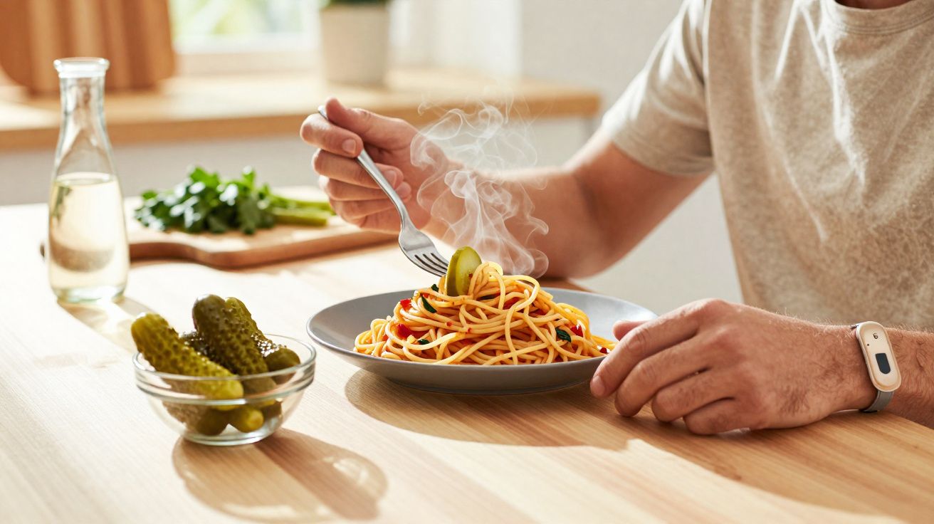 Pessoa segurando garfo com espaguete quente e picles em prato sobre mesa de madeira clara.