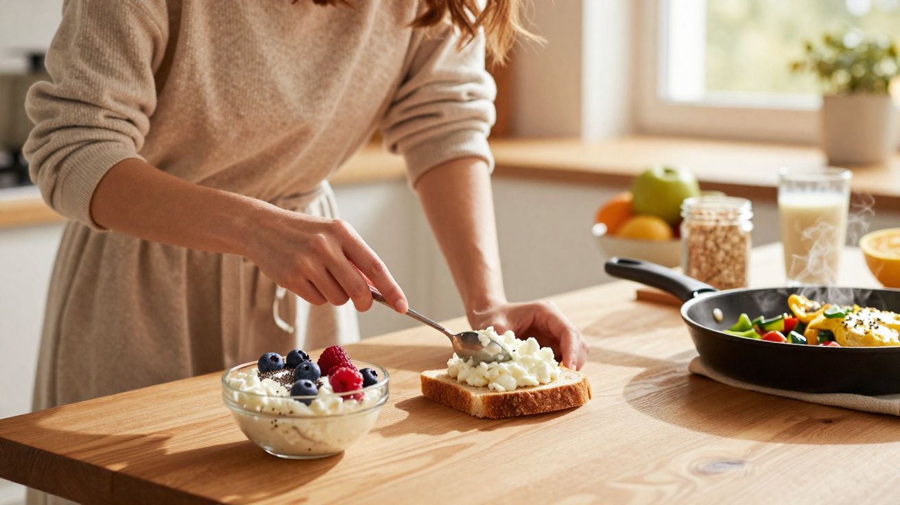 Pessoa espalhando queijo cottage em pão com tigela de frutas vermelhas e frigideira com legumes na mesa de madeira.