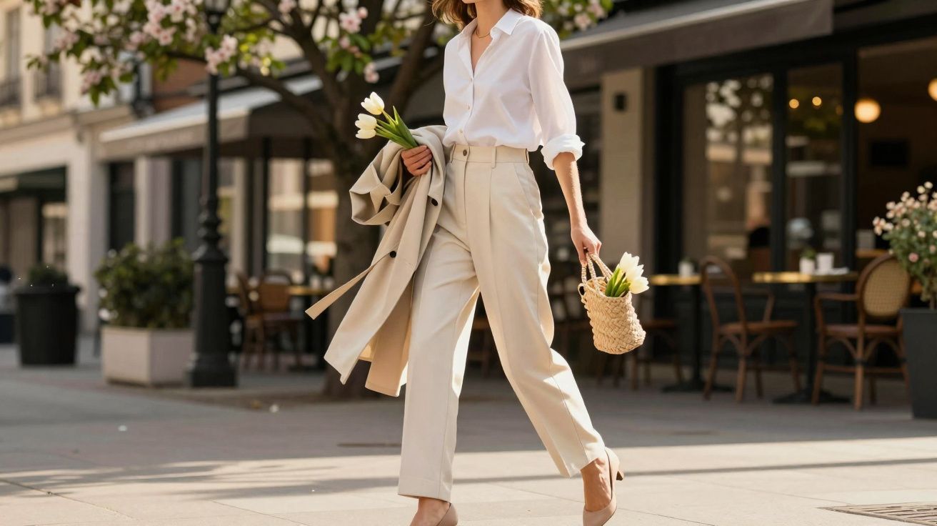 Mulher elegante caminhando com camisa branca, calça bege, casaco e flores, em rua com café ao fundo.