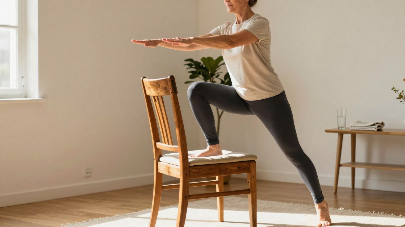 Mulher fazendo exercício de alongamento usando cadeira em sala iluminada pelo sol.