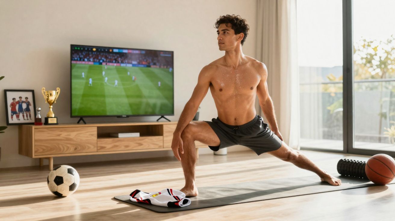 Homem sem camisa fazendo alongamento na sala com bola de futebol, basquete e TV ao fundo mostrando jogo.
