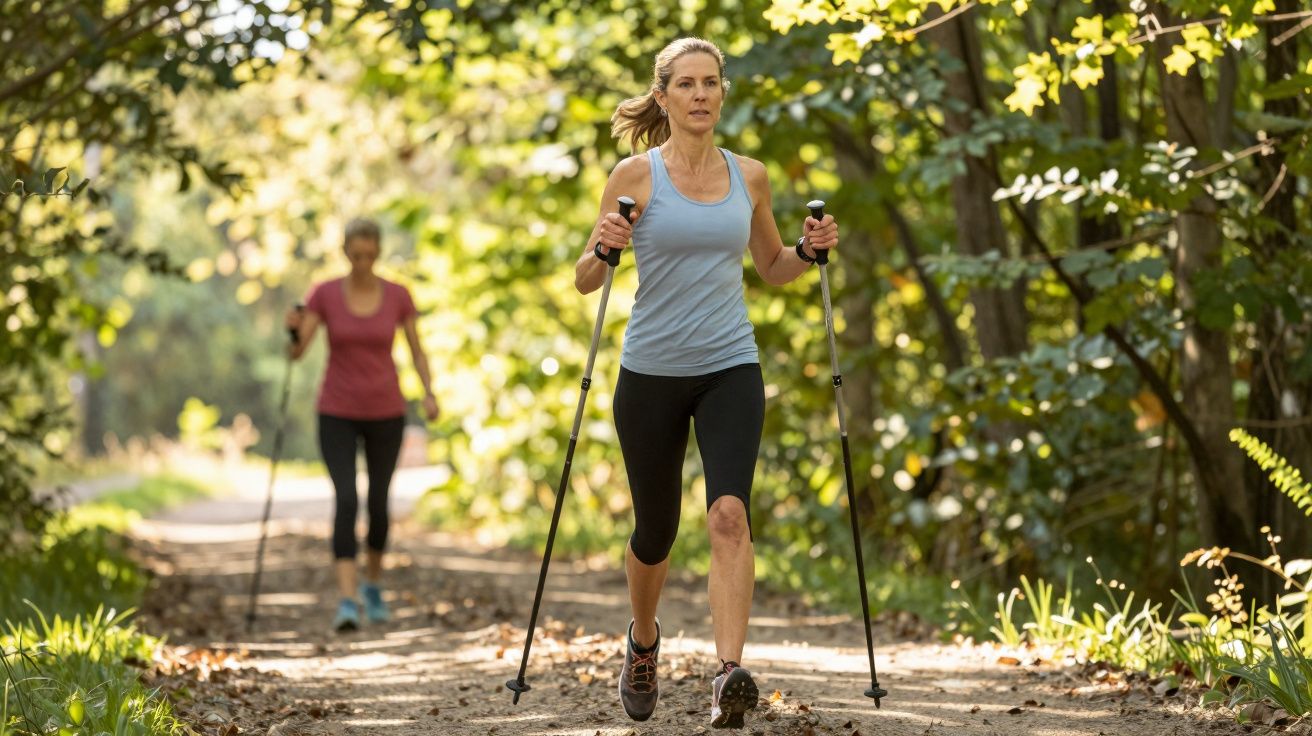 Duas mulheres praticando caminhada com bastões em trilha cercada por árvores durante o dia.