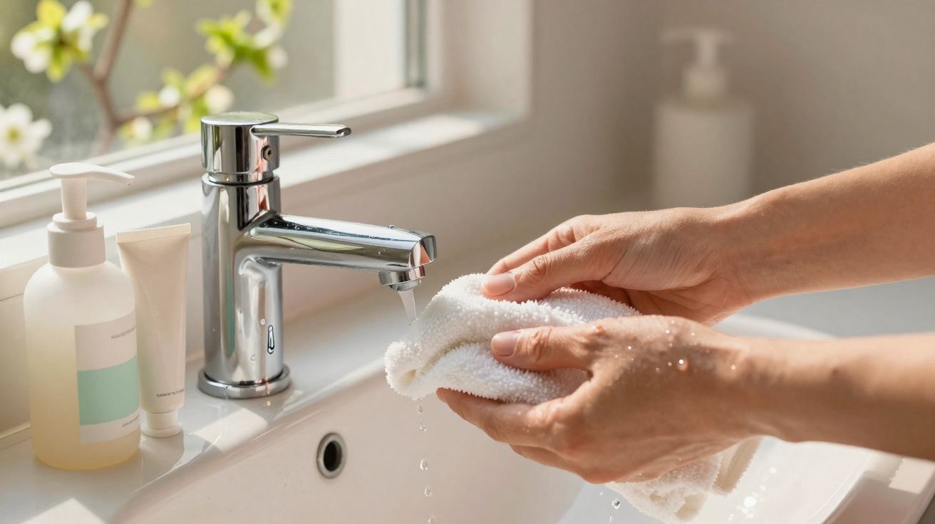 Mãos femininas enxaguando uma toalha branca em uma pia com torneira cromada em ambiente iluminado.