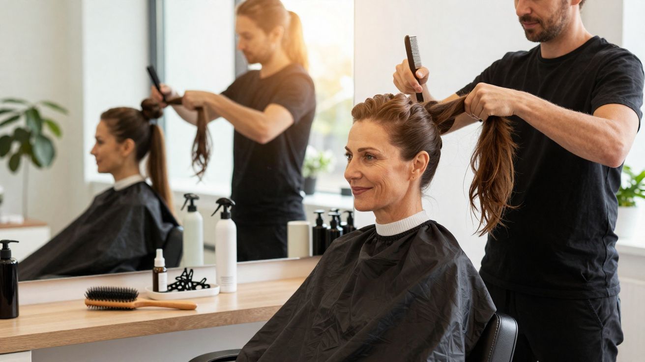 Cabeleireiro penteando cabelo preso de mulher adulta em salão com espelho e produtos no balcão.