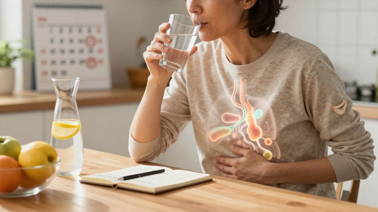 Mulher bebendo água com mão no estômago e ilustração do sistema digestivo em destaque.
