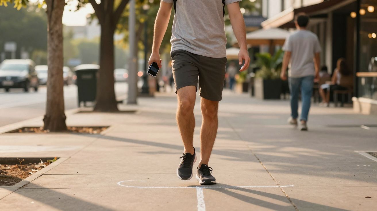 Pessoa caminhando na calçada urbana com telefone na mão em dia ensolarado.