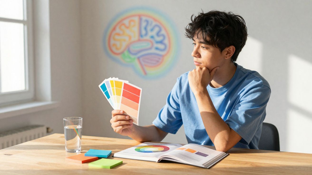 Jovem sentado à mesa segurando amostras de cores com ilustração de cérebro ao fundo.