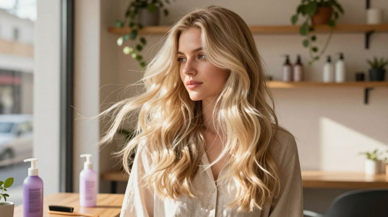 Mulher loira com cabelos ondulados olhando para o lado em ambiente iluminado com frascos sobre mesa.