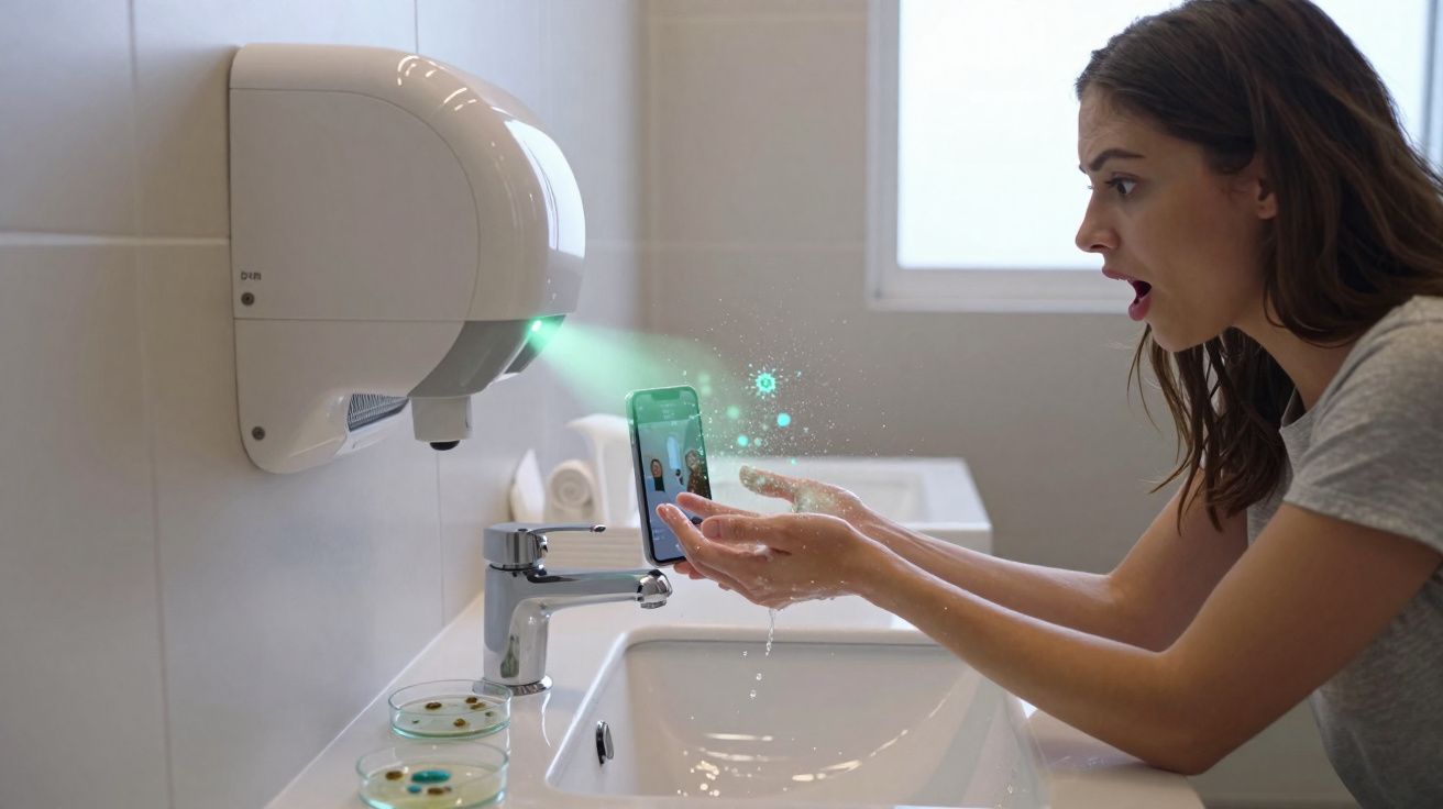 Mulher lavando as mãos em pia com secador automático projetando luz verde e ícones digitais.